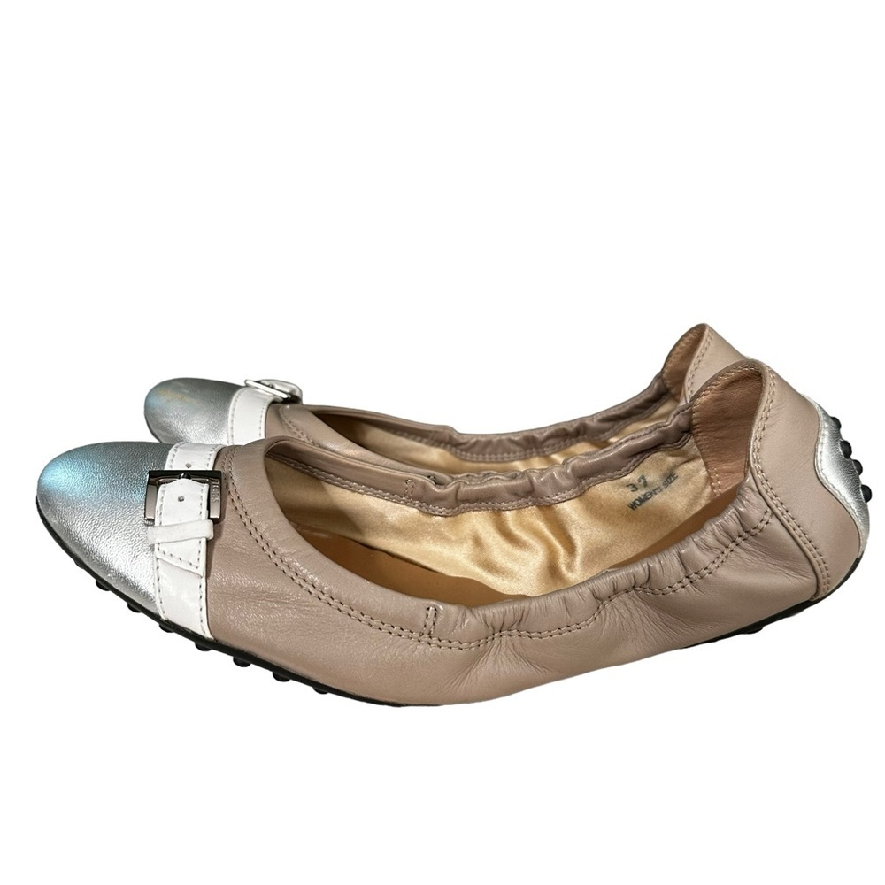 Tod’s | Silver Taupe Leather Scrunch Ballet Flats Size 37 - Picture 4 of 12